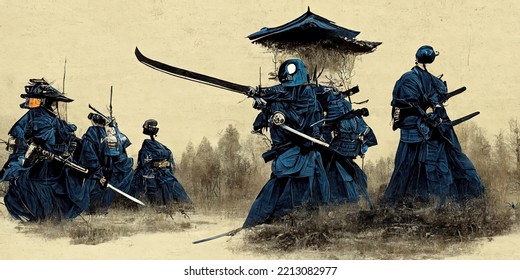 Anime Style, Japanese Samurai Army Fighting With Enemy, Large Scene, Battlefield, In Japanese Black Outline Style And Colors