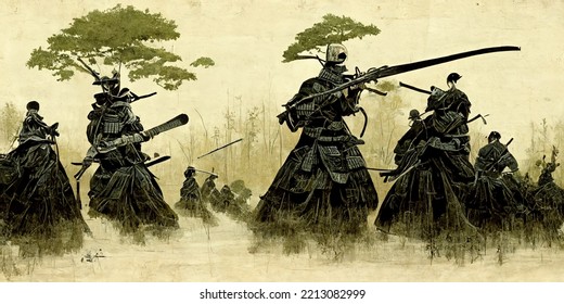 Anime Style, Japanese Samurai Army Fighting With Enemy, Large Scene, Battlefield, In Japanese Black Outline Style And Colors