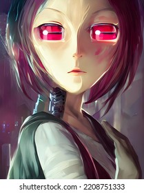 Anime Style Robot Red-eyed Cyber
 Android Girl,  Digital Painting Illustration, Concept Character Design
