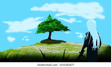 Anime  White Hair Mountain And A Tree Digital Art ,type Painting ,3d Illustration , High Definition ,  Wallpaper