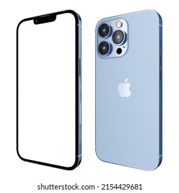 AnkaraTurkey - 10.05.2022: iPhone 13 Pro Sierra Blue Mockup set  different angles. Screen with white mask area. Front and side view for your design.