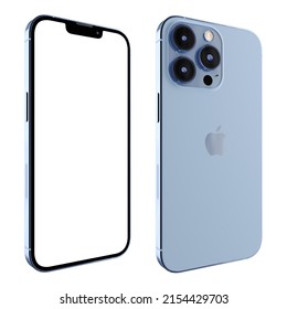 AnkaraTurkey - 10.05.2022: IPhone 13 Pro Sierra Blue Mockup Set  Different Angles. Screen With White Mask Area. Front And Side View For Your Design.