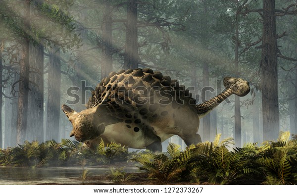 最も人気のある恐竜の一つ アンキロサウルスは白亜紀時代の鳥類綱であった 装甲ディノはシダの床を持つモミの木の森に立つ 3dレンダリング のイラスト素材