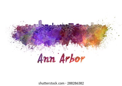 Ann Arbor skyline in watercolor splatters with clipping path