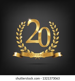 Anniversary design element. 20 anniversary golden symbol. Golden laurel wreaths with ribbons and twentieth anniversary year symbol on dark background. Raster copy. - Powered by Shutterstock