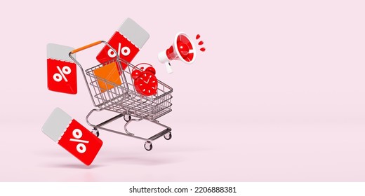 Announce Promotion News With Shopping Cart, Clock Alarm Megaphone, Discount Sales Isolated On Pink. Price Tags Coupon,  Last Minute Offer, Flat Sales Shopping Concept, 3d Render, Clipping Path