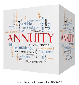 Annuity 3D Cube Word Cloud Concept With Great Terms Such As Investment, Rollover, Income And More.