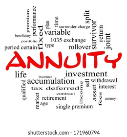 Annuity Word Cloud Concept In Red Caps With Great Terms Such As Investment, Rollover, Income And More.