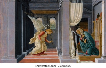 THE ANNUNCIATION, by Botticelli, 1485-92, Italian Renaissance painting, tempera, gold on wood. The Annunciation takes place in classical architecture interior delineated with one-point perspective