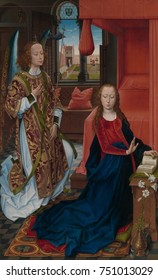 THE ANNUNCIATION, By Hans Memling, 1465-70, Netherlandish, Northern Renaissance Oil Painting. The Announcement By The Angel Gabriel To The Virgin Mary That She Would Conceive And Become The Mother Of