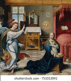 THE ANNUNCIATION, By Joos Van Cleve, 1525, Netherlandish, Northern Renaissance Oil Painting. The Angel Gabriel And Virgin Mary Within An Elaborately Furnished Interior. The Figures Are Painted With Gr