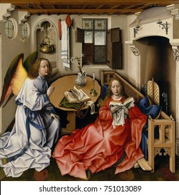 ANNUNCIATION TRIPTYCH, By Workshop Of Robert Campin, 1427-32, Northern Renaissance Oil Painting. In The Central Panel, The Angel Gabriel Approaches, And Is About To Tell The Virgin Mary That She Will