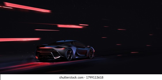 Anodised black sports car in motion (non-existent car design, full generic) - 3d illustration, 3d render