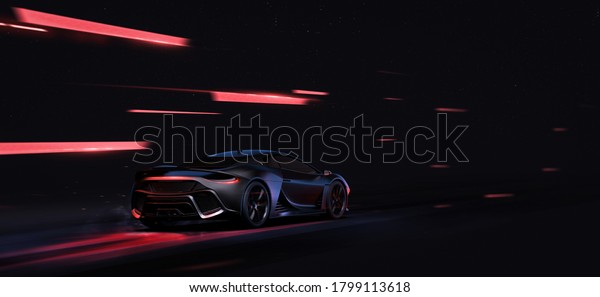 Anodised black sports car in\
motion (non-existent car design, full generic) - 3d illustration,\
3d render