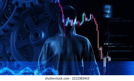 Anonimous Hacker With Black Hoodie And Mechanism Black Metallic Gears And Cogs At Work With Candle Stick Graph Chart Under Blue Lighting. Concept 3D CG Of Financial Crime And Market Manipulation.
