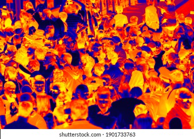 Anonymous Crowd In Streets And Squares Of Capital City. Source Of Virus Infection And Object Of Terrorism. Scanning Human's Body Temperature With Thermal Imager