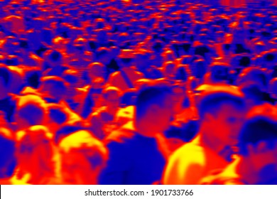 Anonymous Crowd In Streets And Squares Of Capital City. Source Of Virus Infection And Object Of Terrorism. Scanning Human's Body Temperature With Thermal Imager