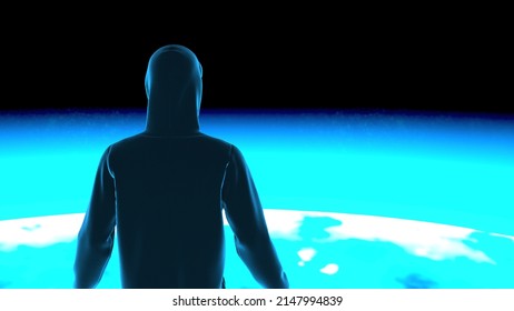 Anonymous Hacker With Black Color Hoodie In Shadow Under Particle Horizon Of The Observable Universe. Dangerous Criminal Concept Image. 3D CG. 3D Illustration. 3D High Quality Rendering.