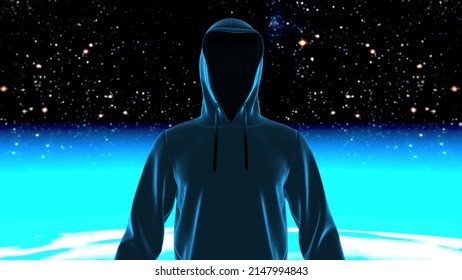 Anonymous Hacker With Black Color Hoodie In Shadow Under Particle Horizon Of The Observable Universe. Dangerous Criminal Concept Image. 3D CG. 3D Illustration. 3D High Quality Rendering.