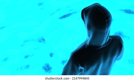 Anonymous Hacker With Black Color Hoodie In Shadow Under Particle Horizon Of The Observable Universe. Dangerous Criminal Concept Image. 3D CG. 3D Illustration. 3D High Quality Rendering.