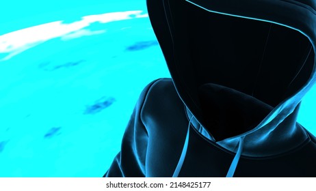 Anonymous Hacker With Black Color Hoodie In Shadow Under Particle Horizon Of The Observable Universe. Dangerous Criminal Concept Image. 3D CG. 3D Illustration. 3D High Quality Rendering.