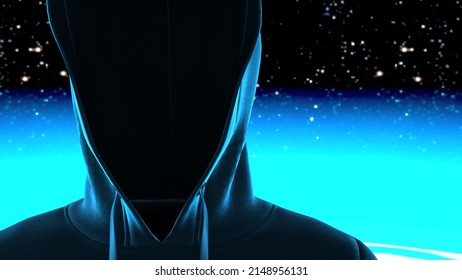 Anonymous Hacker With Black Color Hoodie In Shadow Under Particle Horizon Of The Observable Universe. Dangerous Criminal Concept Image. 3D CG. 3D Illustration. 3D High Quality Rendering.