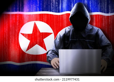 Anonymous Hooded Hacker, Flag Of North Korea, Binary Code - Cyber Attack Concept