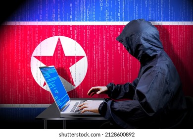 Anonymous Hooded Hacker, Flag Of North Korea, Binary Code - Cyber Attack Concept