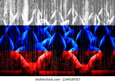 Anonymous Hooded Hackers, Flag Of Russia, Binary Code - Cyber Attack Concept