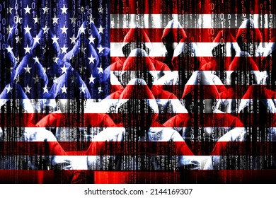 Anonymous Hooded Hackers, Flag Of United States Of America, Binary Code - Cyber Attack Concept