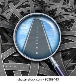 Answers And Solutions With A Clear Path And Direction To Business Questions By Confused Tangled Roads With A Transparent Magnifying Glass Guiding The Way Forward With A Straight Road Of Success.