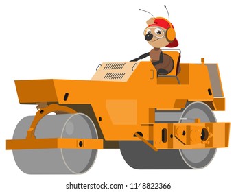 Ant Road Worker Is Running An Asphalt Compactor. Isolated On White Cartoon Illustration