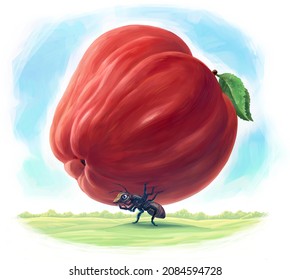 Ant, who carries an object resembling an apple. Symbolic image, the character who carries carrying a heavy burden,  raster illustration.
