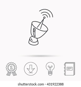 Antenna Icon. Sputnik Satellite Sign. Radio Signal Symbol. Download Arrow, Lamp, Learn Book And Award Medal Icons.