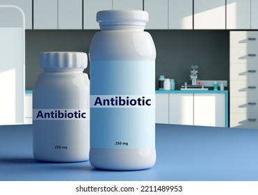 Antibiotic Research. Medicines In White Jars. Concept Testing Antibiotics In Laboratory. Jars With Inscription Antibiotics On Laboratory Table. Treatment With Strong Drugs. 3d Rendering.