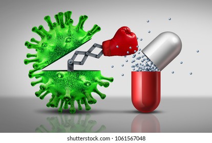 Antibiotic resistant virus as a deadly mutated viral cell attacking a pharmaceutical pill with a punch as a medical pathology disease risk as a 3D illustration