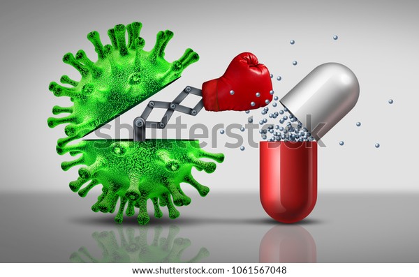 3dイラストのように 医療病理疾患のリスクとしてパンチを使って薬剤を攻撃する致命的な変異ウイルス細胞としての抗生物質耐性ウイルス のイラスト素材