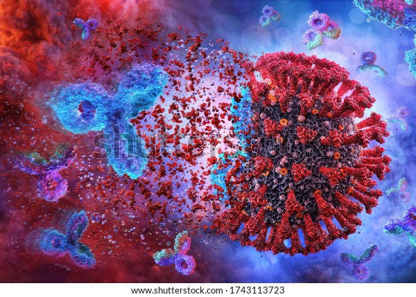 Antibodies attacking coronavirus covid-19. Virus\
cell attack 3D medical background. Corona virus sars-cov-2 flu cell\
destruction by immunoglobulin. Coronavirus sars virus treatment 3d\
microscope\
image