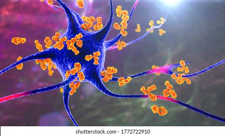 Antibodies Attacking Neuron, 3D Illustration. Concept Of Autoimmune Neurologic Diseases