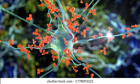 Antibodies attacking neuron, 3D illustration. Concept of autoimmune neurologic diseases
