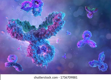 Antibodies, immunoglobulin Ig proteins 3D medical background. Immune system, IgM, IgG, IgE, IgD, IgA antibodies glycoproteins, specific antigens against coronavirus sars-cov-2 covid-19 influenza virus