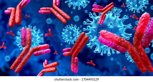 Antibody And Immunoglobulin Concept As Antibodies Attacking Contagious Virus Cells And Pathogens As A 3D Illustration.