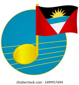 Antigua And Barbuda Flag And Musical Note. Music Background. National Flag Of Antigua And Barbuda And Music Festival Concept  Illustration