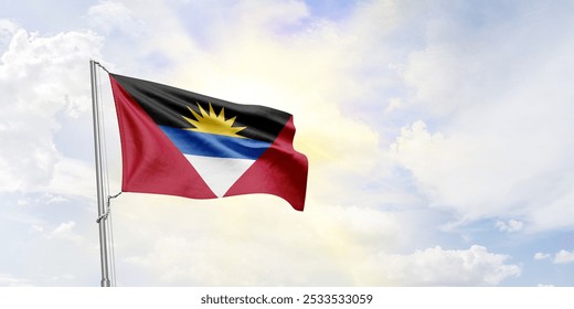 Antigua and Barbuda flag waving on sky background. 3D Rendering - Powered by Shutterstock