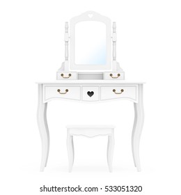 Antique Bedroom Vanity Table With Stool And Mirror On A White Background. 3d Rendering