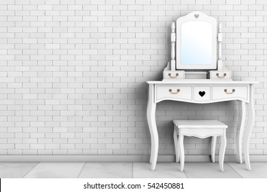 Antique Bedroom Vanity Table With Stool And Mirror In Front Of Brick Wall. 3d Rendering