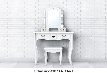 Antique Bedroom Vanity Table With Stool And Mirror In Front Of Brick Wall. 3d Rendering