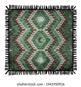 
Antique carpet with primitive ethnic patterns on a green background. Stylization. Illustration for Scandinavian interiors.