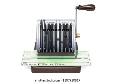 Antique Check Writer With Bank Check, 3D Rendering Isolated On White Background