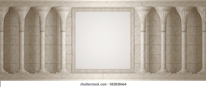 Antique Colonnade on background wall with decorative frame. 3D Render